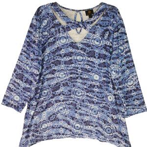JM Collection Womens Size XL Twist V Neck Blue Tunic Top Floral Print